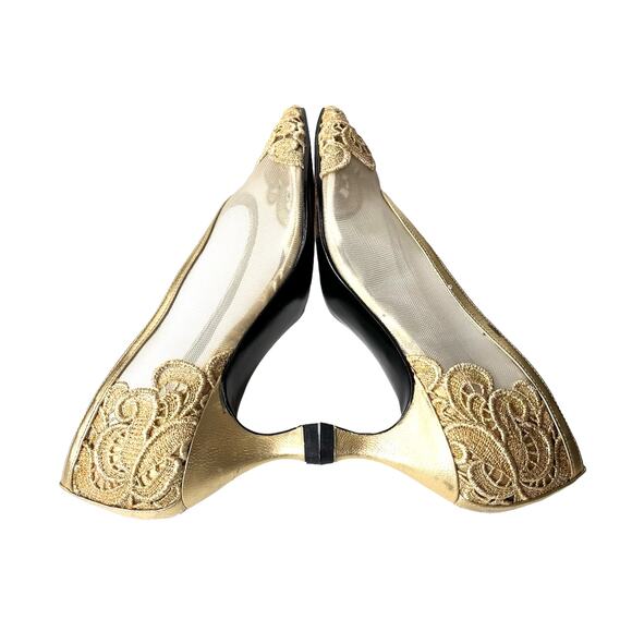 Vintage Stuart Weitzman Gold Mesh Embroidered Heels Pump - Picture 3 of 13